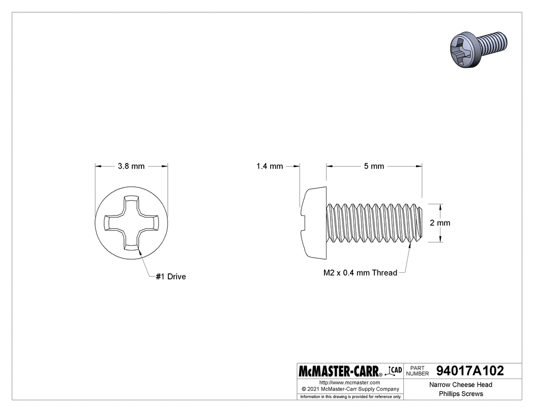 Technical Drawing of Narrow Cheese Head Phillips Screws, M2 x 0.4mm Thread, 5mm Long.